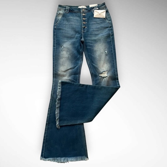KANCAN Medium Wash High Rise Button Fly Distressed Flare Jeans Size 29 | NWT‎ - Picture 3 of 8